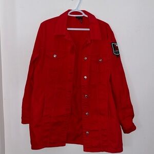 Red distressed long jean jacket by Tricotto